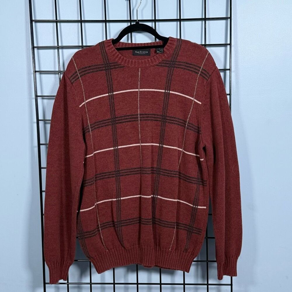 Vintage Van Heusen Knit Sweater Mens L Orange Plaid Dad Eclectic Grandpa 90s - Picture 1 of 7